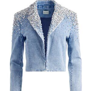 Alice and Olivia Ivan Crystal Embellished Cropped Denim Jacket